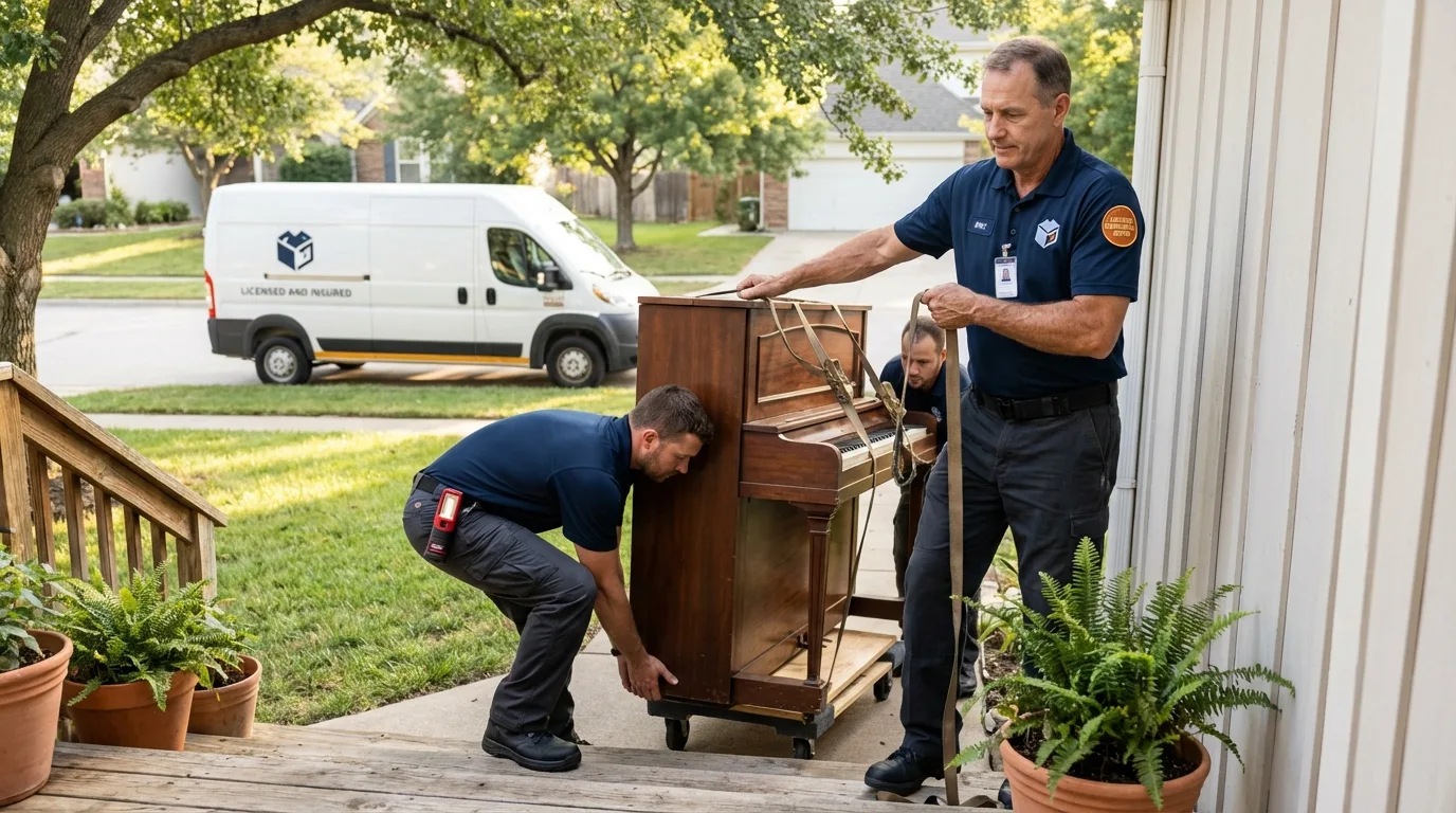 Licensed piano movers securing grand piano in Loogootee, IN