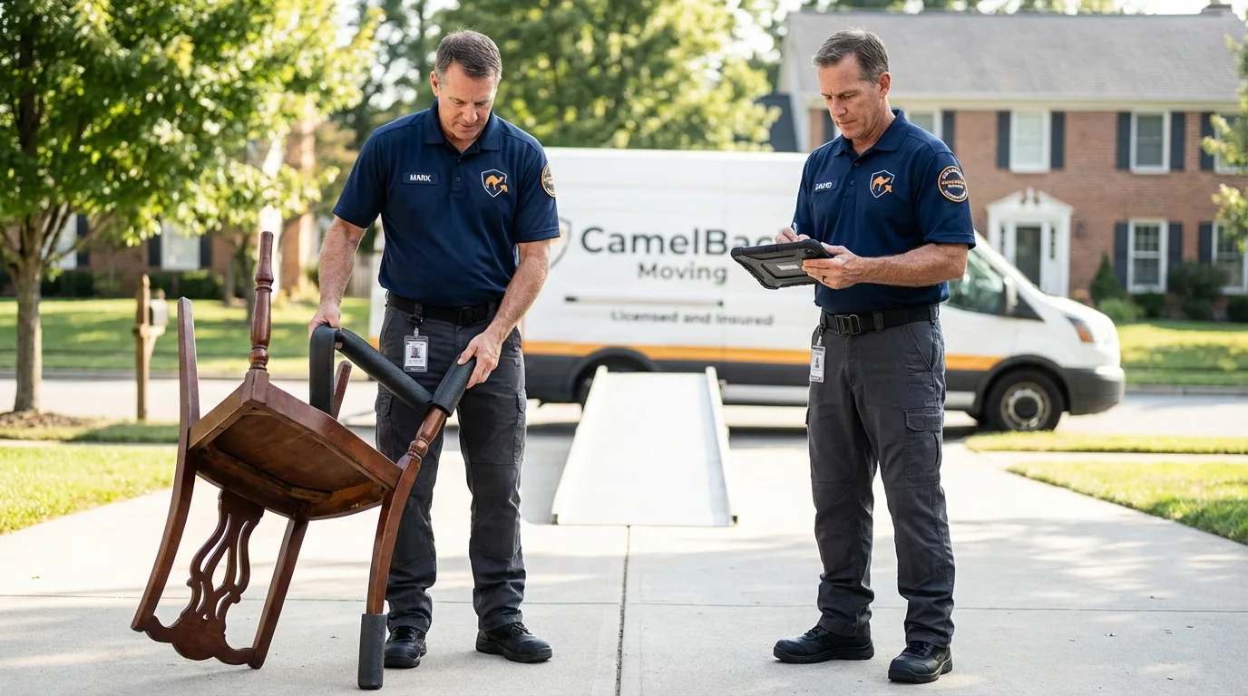 Movers inspecting furniture for damage prevention before loading in Loogootee, IN